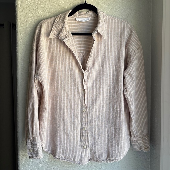 Thread & Seed Tops - Striped Women L Button Boho Tan White Linen Blend Long Sleeve Coastal Granola